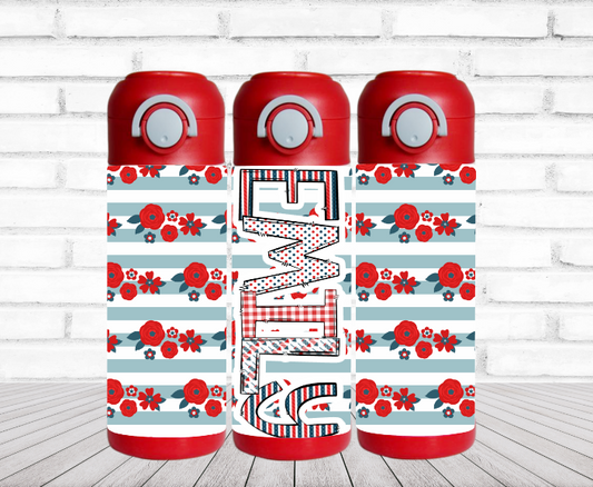 Red, White & Blue Striped Floral Personalized Water Bottle