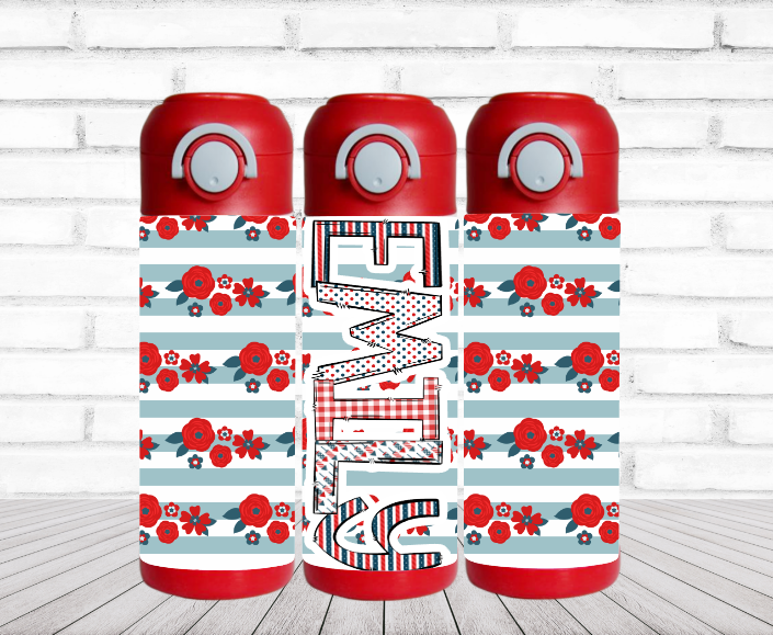 Red, White & Blue Striped Floral Personalized Water Bottle