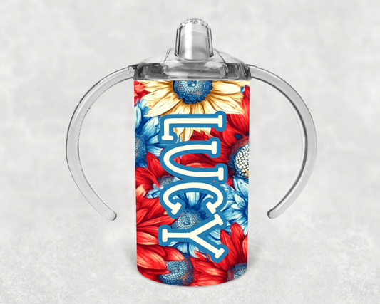 Red, White and Blue Sunflowers Personalized Sippy Cup with Bonus Lid