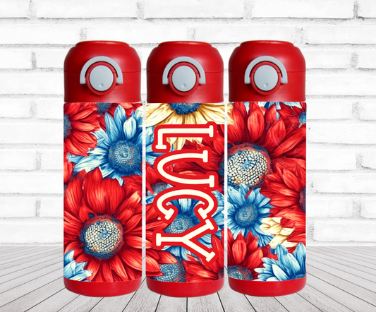 Red, White and Blue Sunflowers Personalized Water Bottle