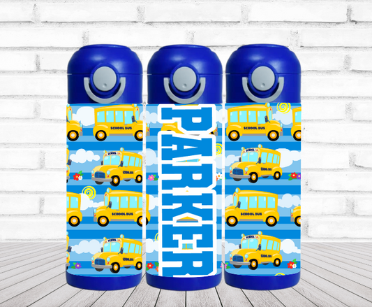 School Buses Personalized 12 oz Flip Top Water Bottle with Straw