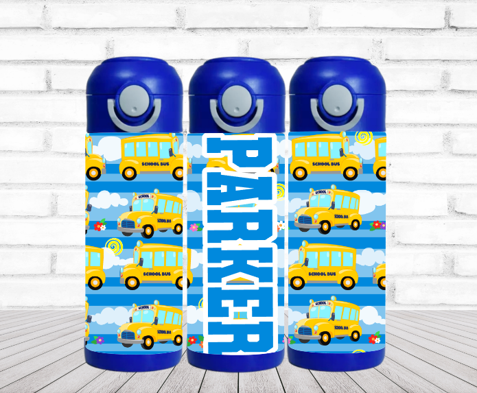 School Bus Kids 12oz Flip Top Water Bottle Personalized 