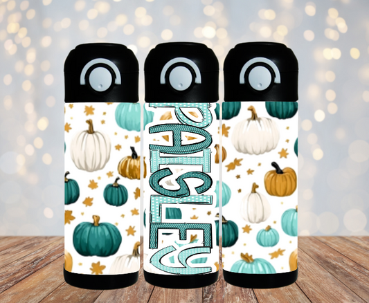 Teal Pumpkins Checks Flip Top Water Bottle - Personalized