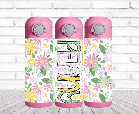 Spring Pink and Green Floral Flip Top Water Bottle - Personalized