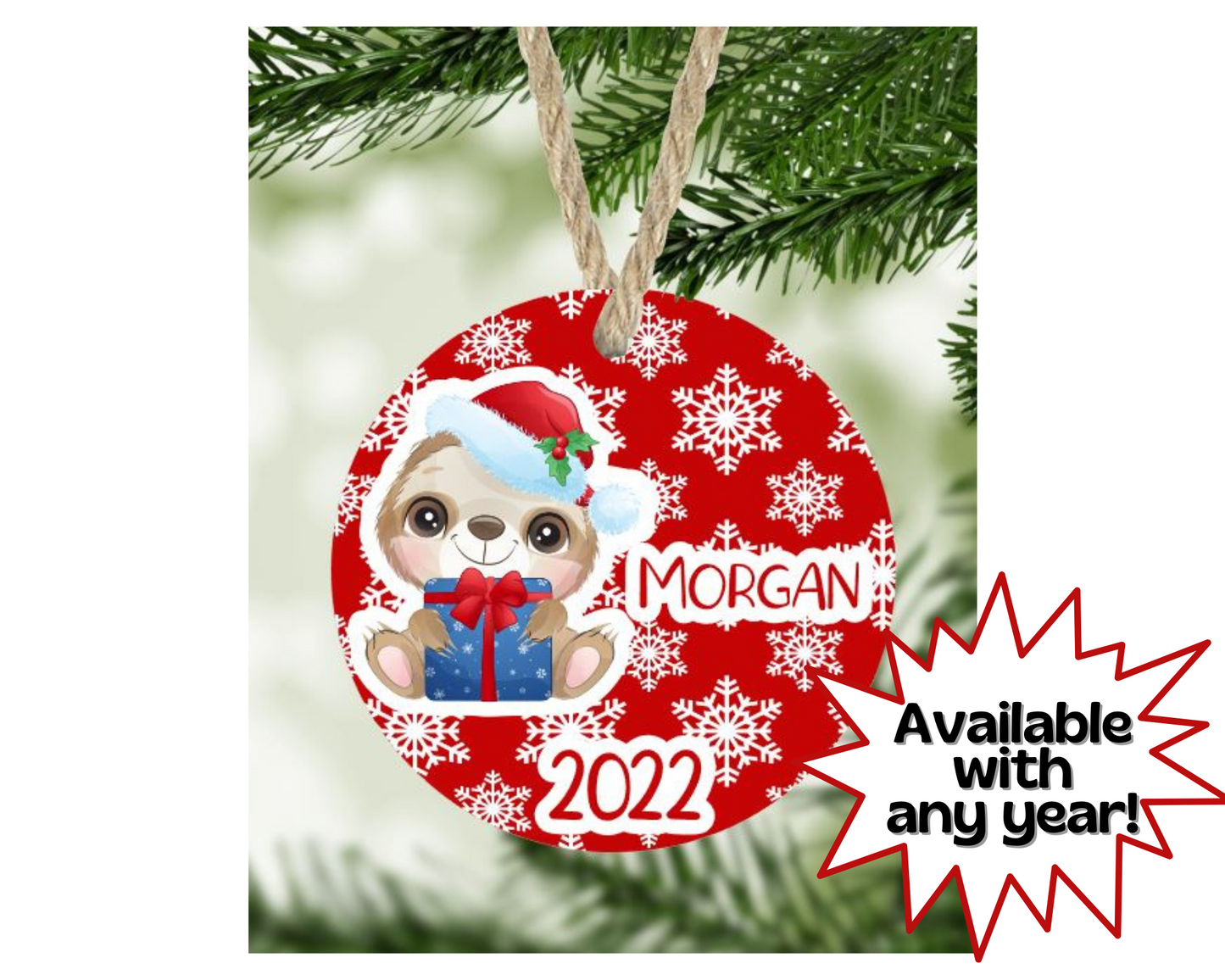 Christmas Sloth Ornament Personalized