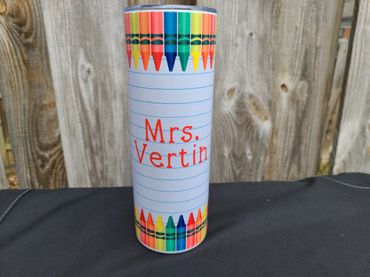 Personalized Teacher Crayon 20 oz Skinny Tumbler