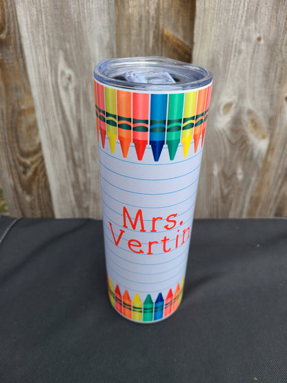 Personalized Teacher Crayon 20 oz Skinny Tumbler