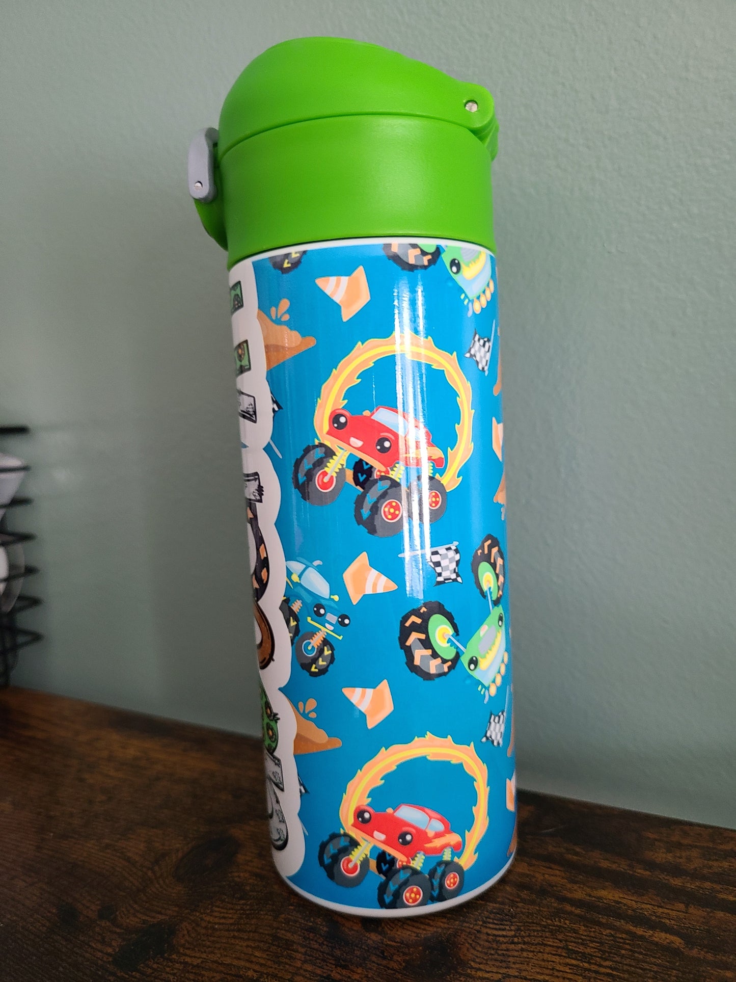 Monster Truck Personalized Water Bottle - 12 oz Flip Top Water Bottle with Straw