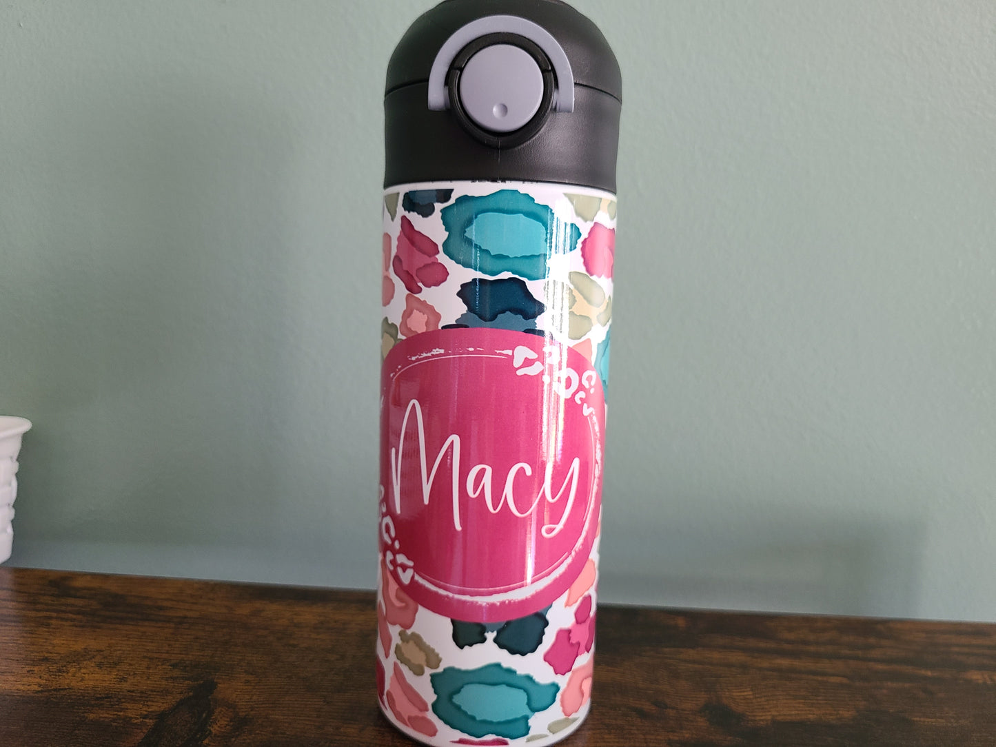 Personalized Colorful Leopard Water Bottle - 12 oz Flip Top Water Bottle with Straw