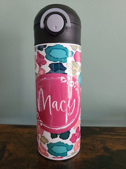 Personalized Colorful Leopard Water Bottle - 12 oz Flip Top Water Bottle with Straw