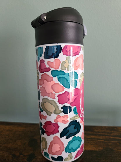 Personalized Colorful Leopard Water Bottle - 12 oz Flip Top Water Bottle with Straw
