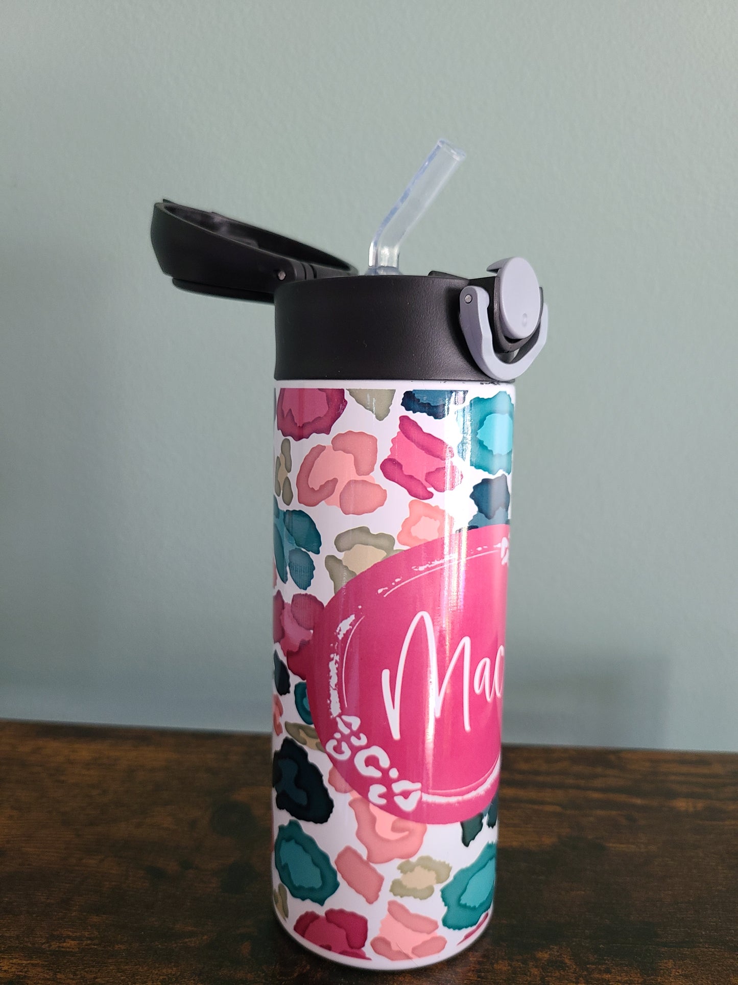 Personalized Colorful Leopard Water Bottle - 12 oz Flip Top Water Bottle with Straw