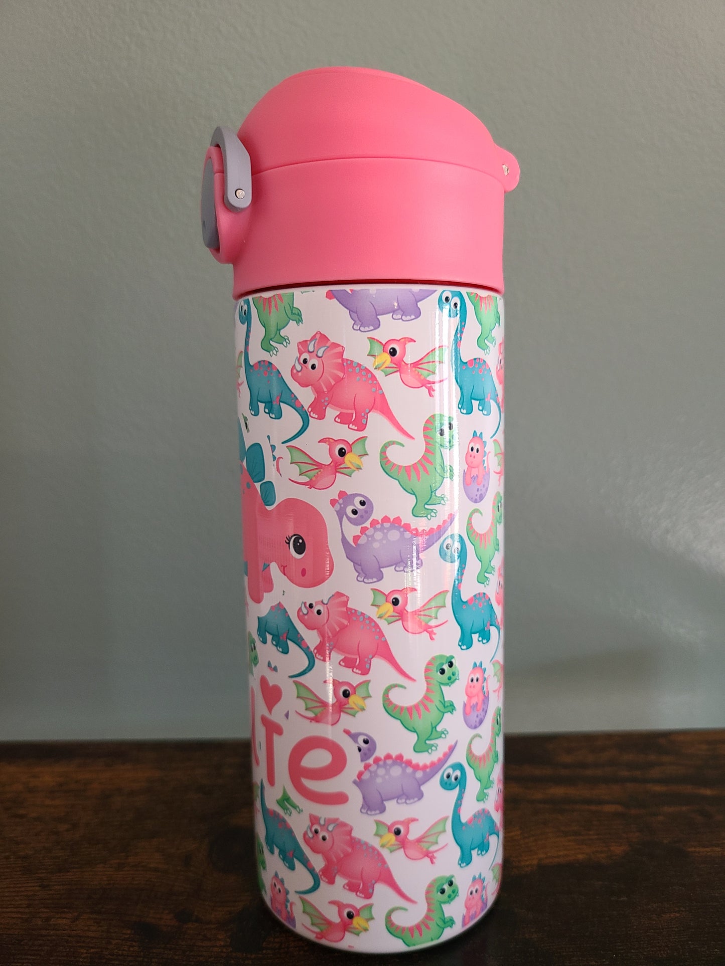 Personalized Pink Dino Water Bottle - 12 oz Flip Top Water Bottle with Straw
