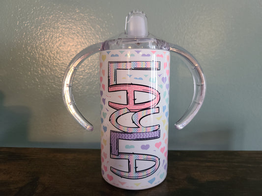 Pastel Rainbow Hearts Personalized Sippy Cup with Bonus Lid