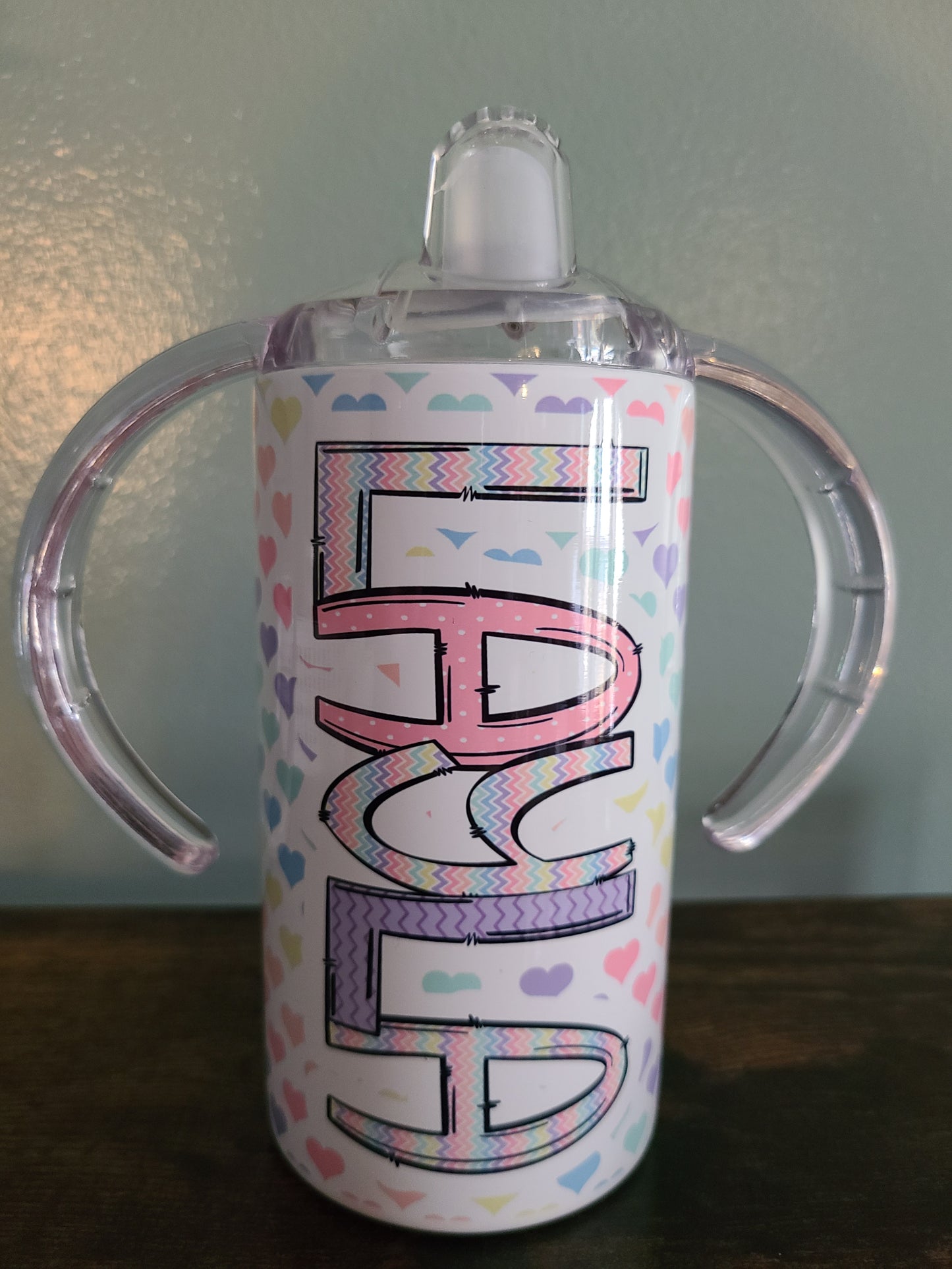 Pastel Rainbow Hearts Personalized Sippy Cup with Bonus Lid