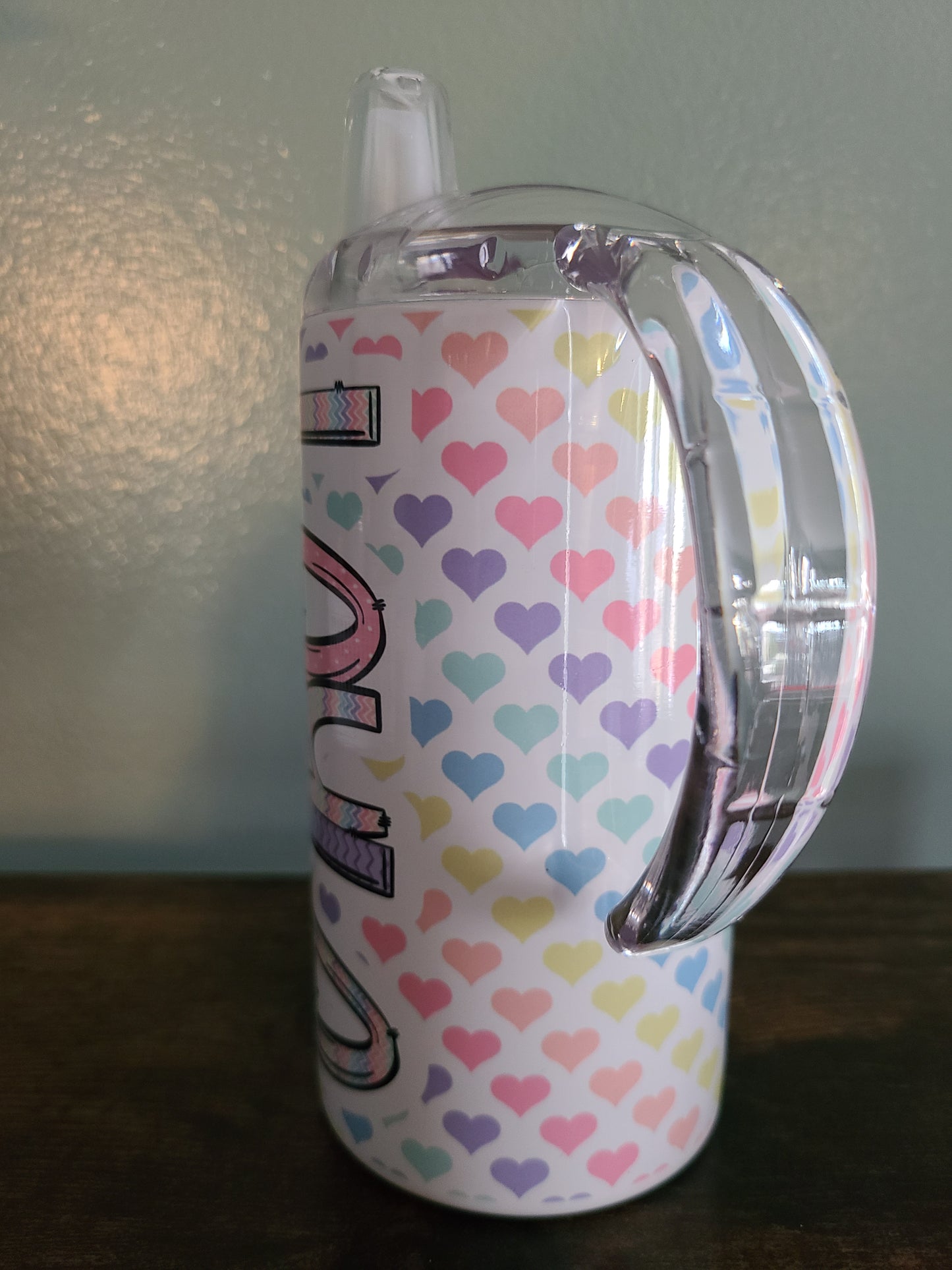 Pastel Rainbow Hearts Personalized Sippy Cup with Bonus Lid