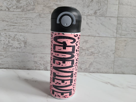 Personalized Pink Cheetah Water Bottle - 12 oz Flip Top Water Bottle with Straw