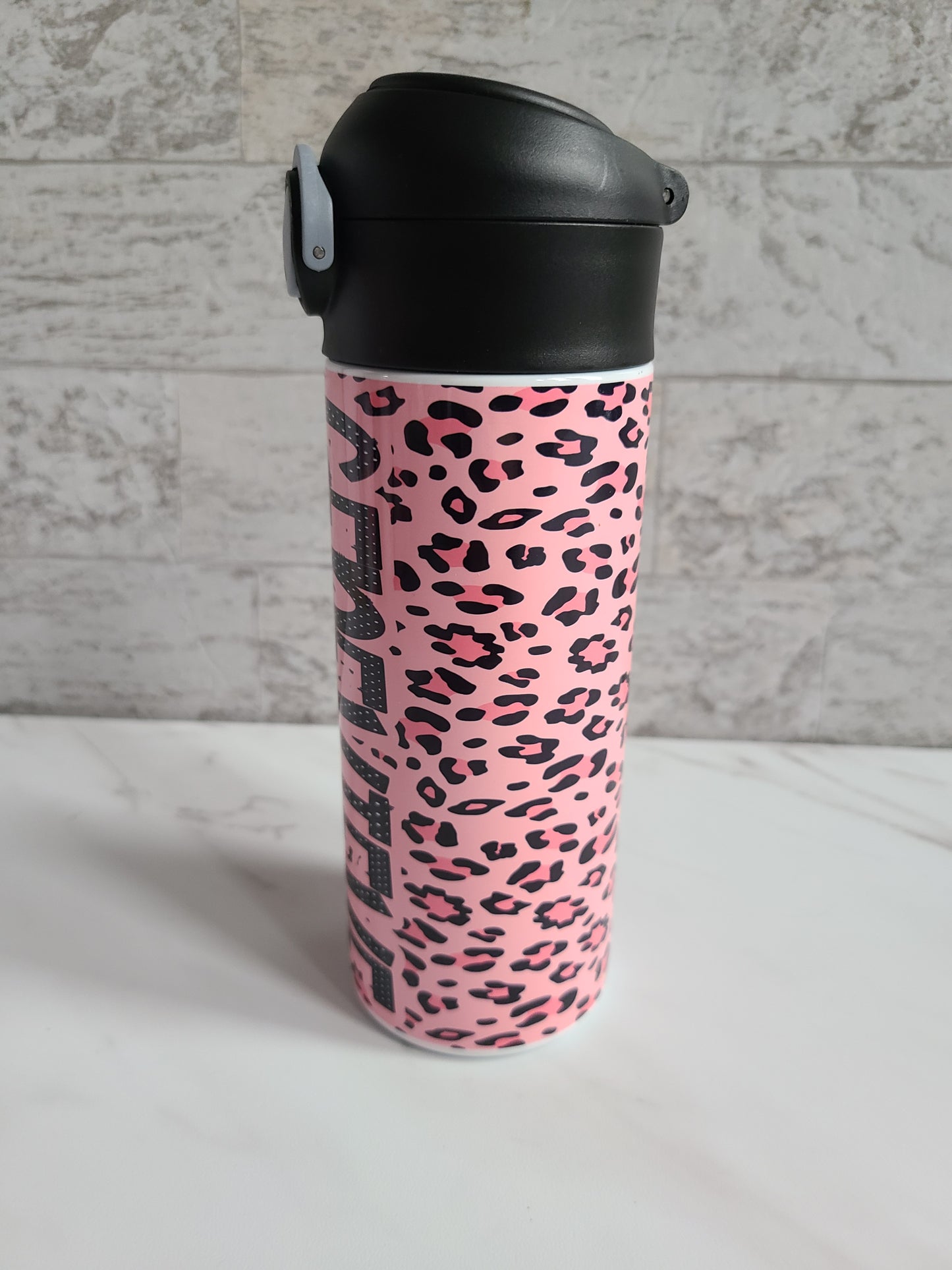 Personalized Pink Cheetah Water Bottle - 12 oz Flip Top Water Bottle with Straw