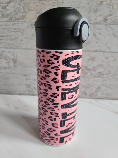Personalized Pink Cheetah Water Bottle - 12 oz Flip Top Water Bottle with Straw
