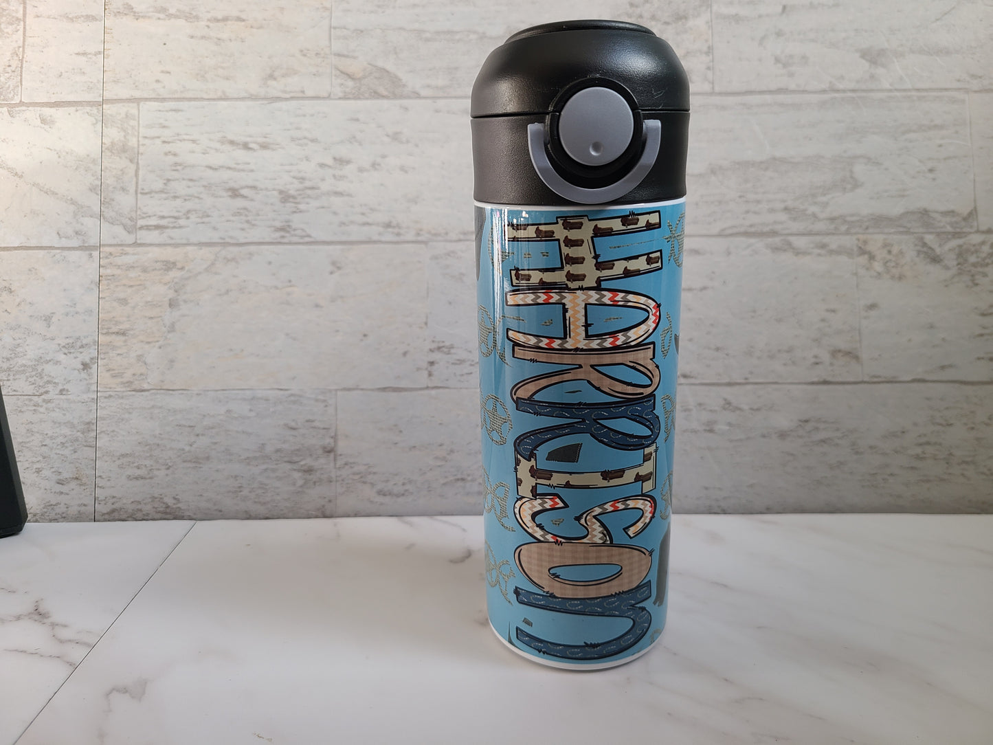 Personalized Blue Cowboy Water Bottle - 12 oz Flip Top Water Bottle with Straw