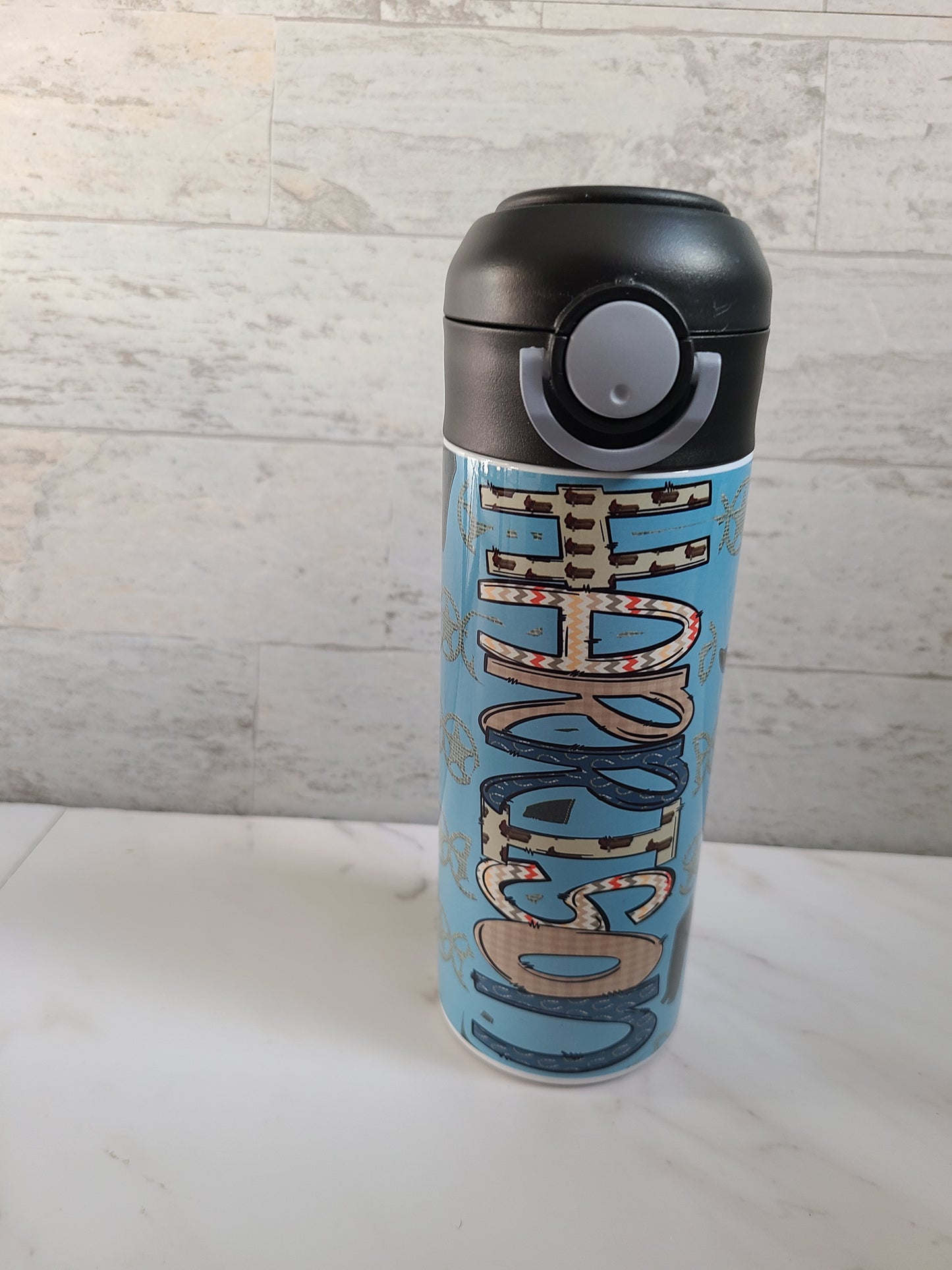 Personalized Blue Cowboy Water Bottle - 12 oz Flip Top Water Bottle with Straw