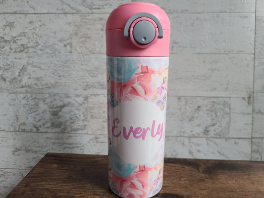 Butterfly and Flowers Flip Top Water Bottle - Personalized