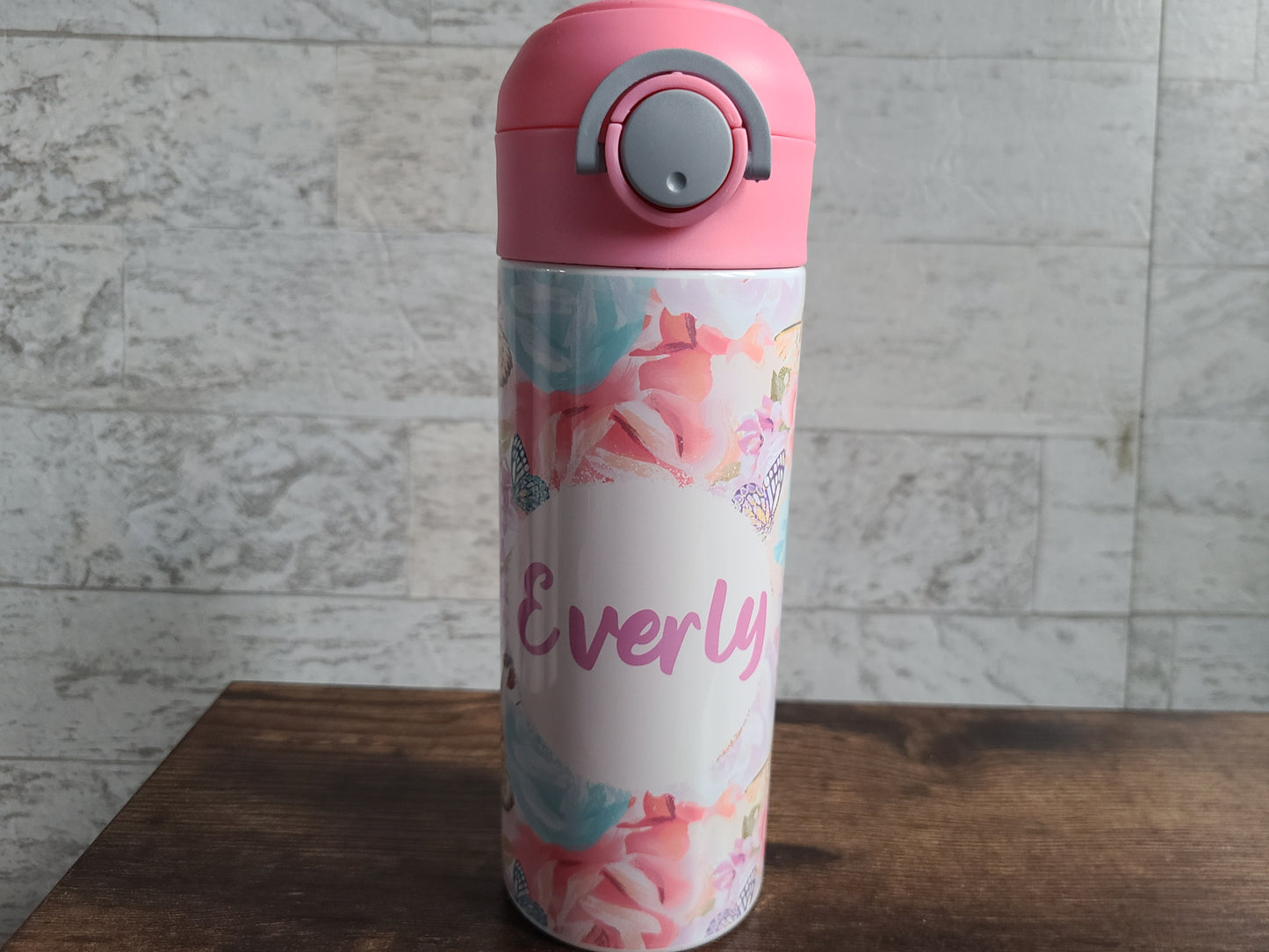Butterfly and Flowers Flip Top Water Bottle - Personalized