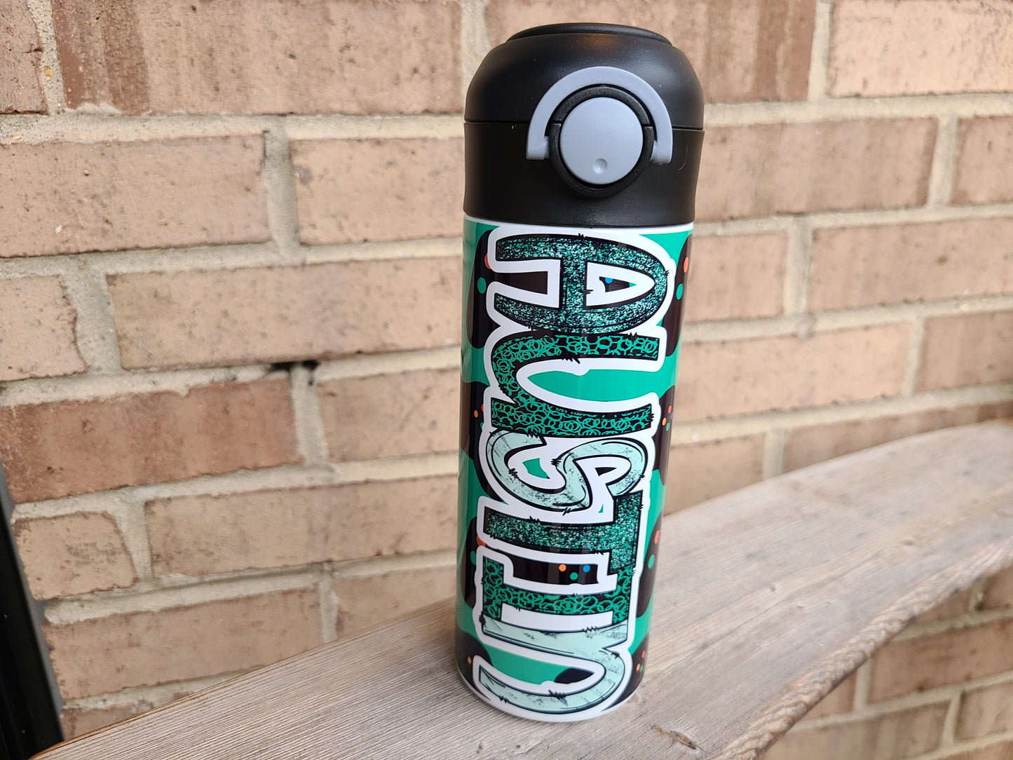 Personalized Green Gamer Water Bottle - 12 oz Flip Top Water Bottle with Straw