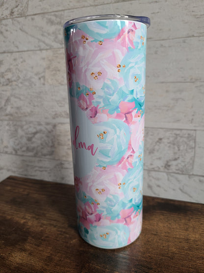 Pink and Blue Floral Tumbler with Personalization