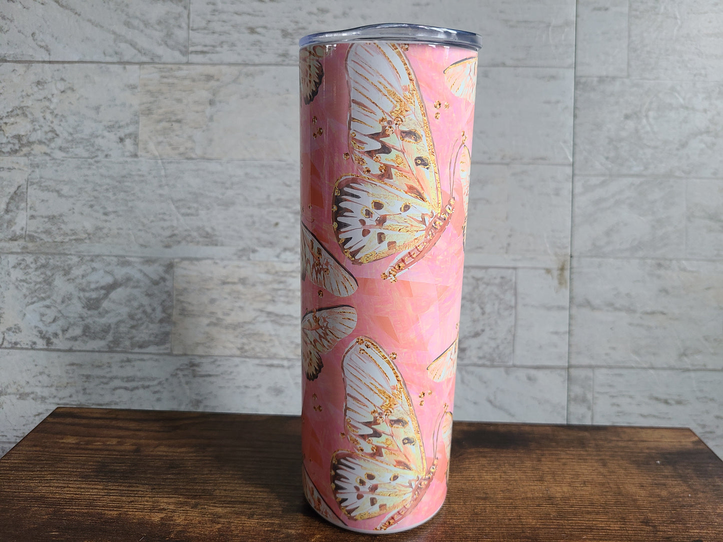 Pink and Gold Butterfly Skinny Tumbler