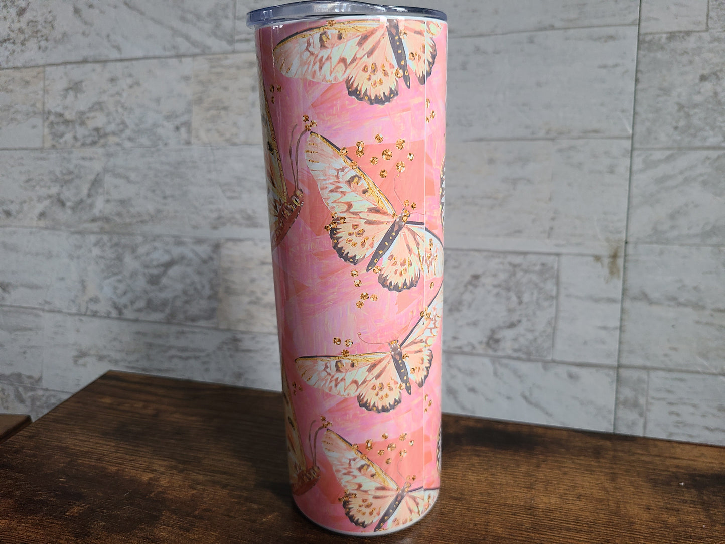 Pink and Gold Butterfly Skinny Tumbler