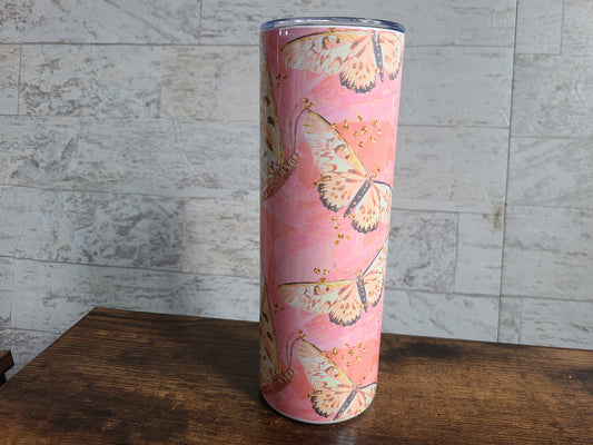 Pink and Gold Butterfly Skinny Tumbler
