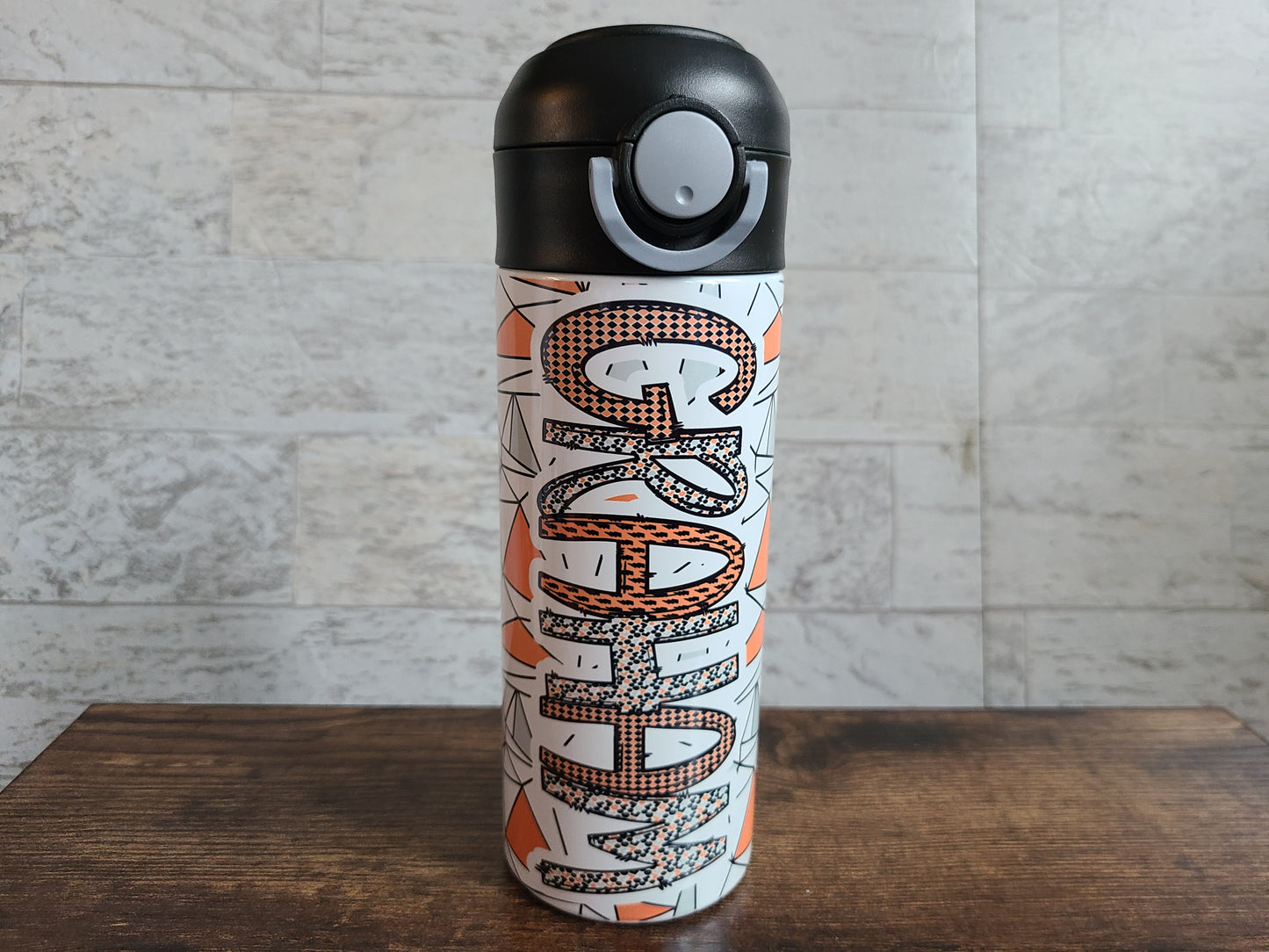 Personalized Orange & Black Water Bottle - 12 oz Flip Top Water Bottle with Straw