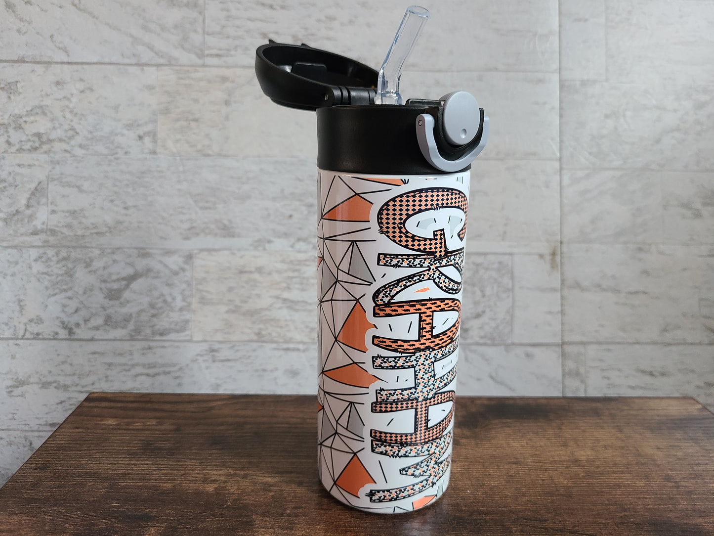 Personalized Orange & Black Water Bottle - 12 oz Flip Top Water Bottle with Straw