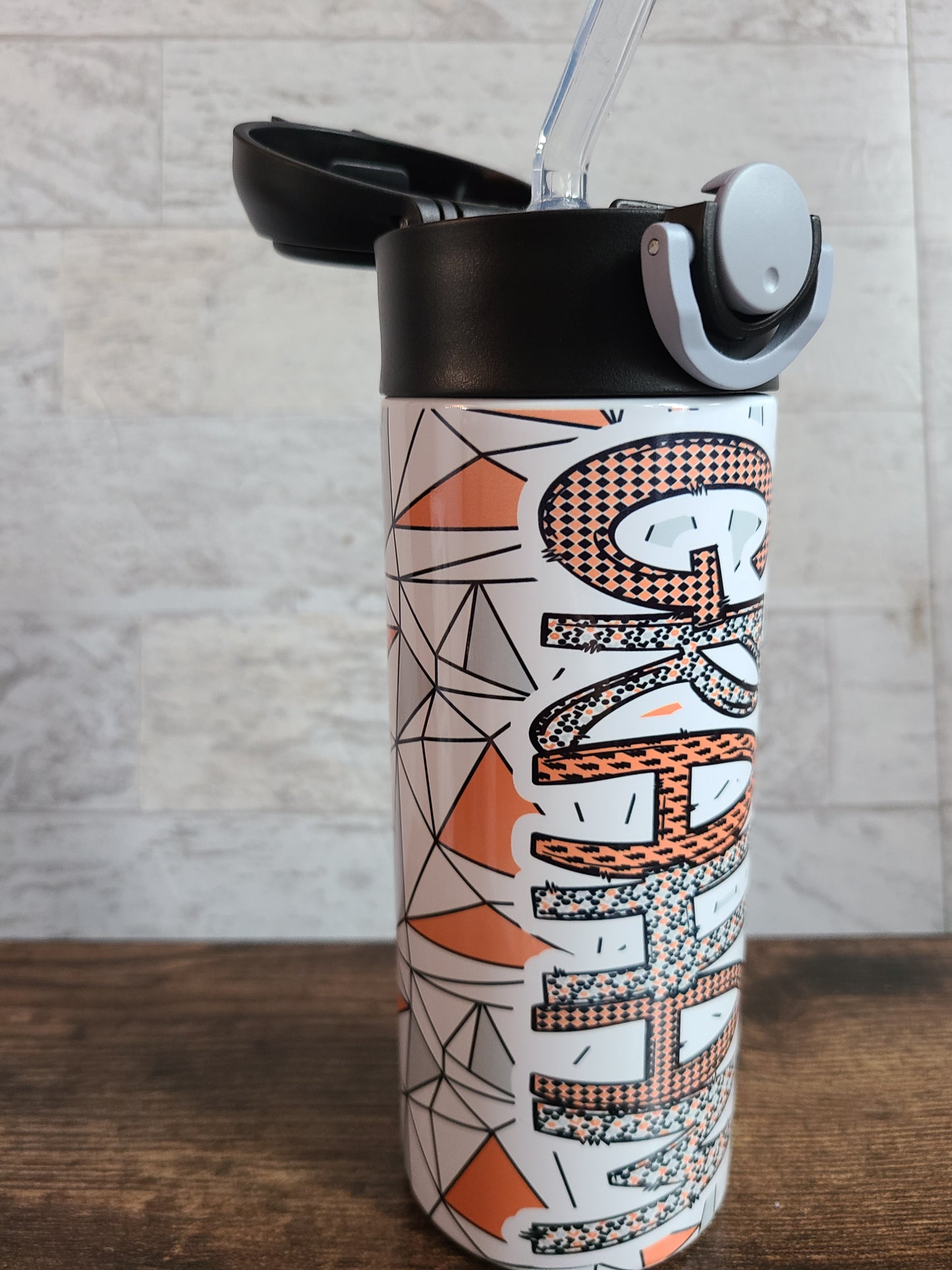 Personalized Orange & Black Water Bottle - 12 oz Flip Top Water Bottle with Straw