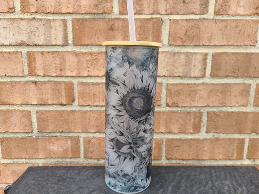 Frosted Glass Black and Gray Floral Tumbler