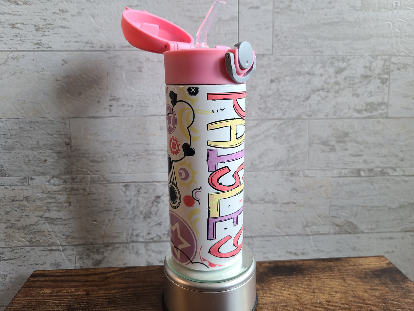 Personalized Pop of Pink Water Bottle - 12 oz Flip Top Water Bottle with Straw