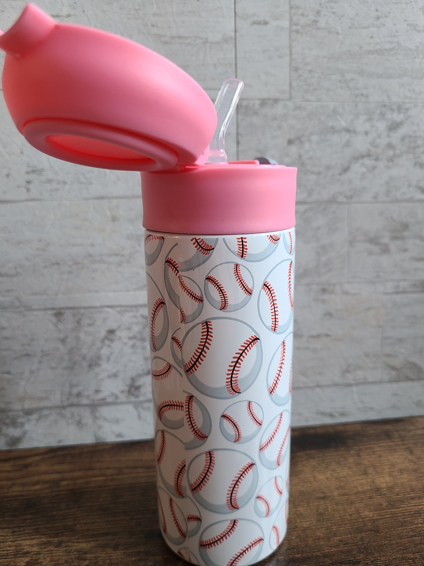 Personalized Pink Baseball Water Bottle - 12 oz Flip Top Water Bottle with Straw