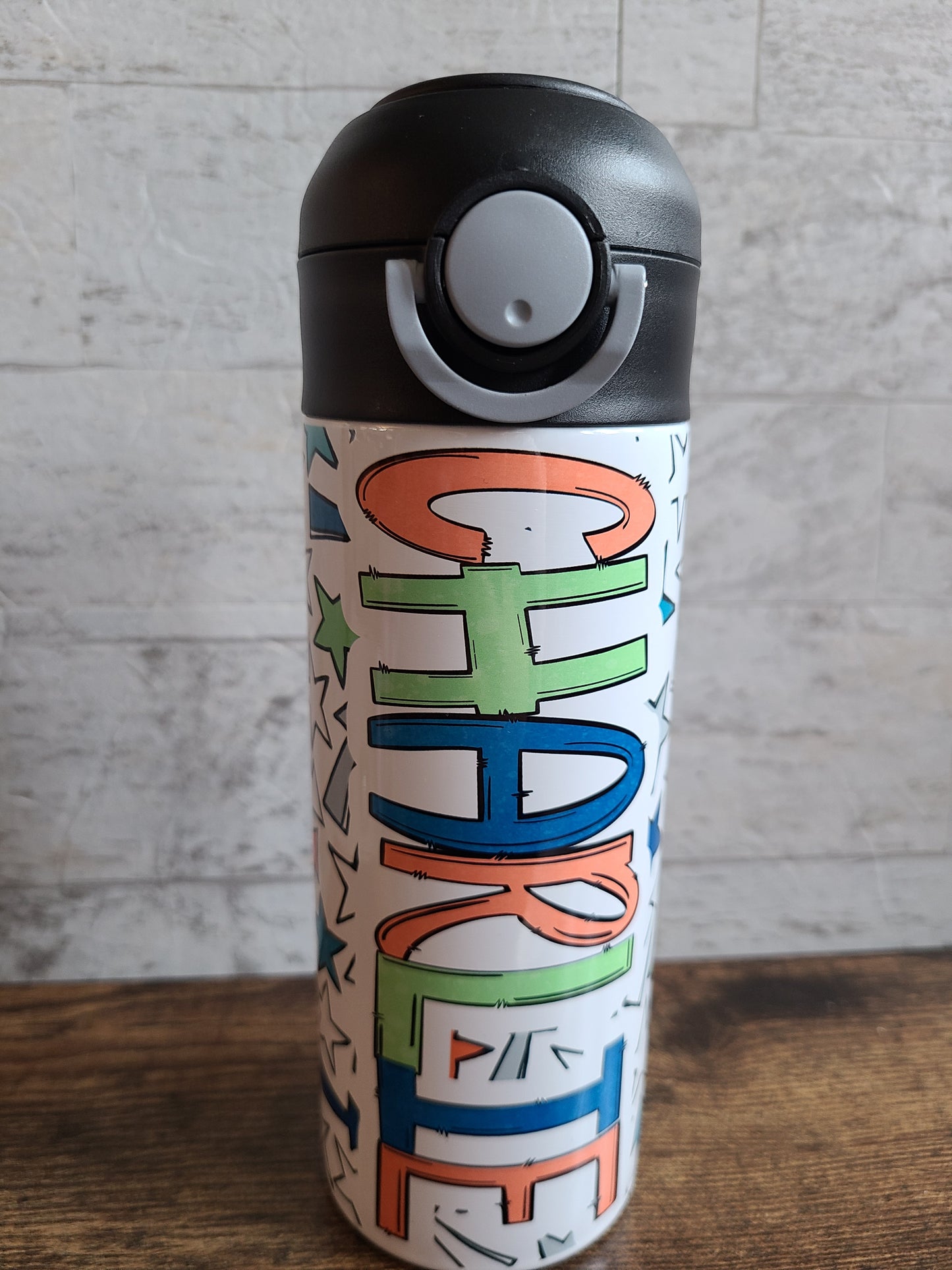 Personalized Blue and Orange Water Bottle - 12 oz Flip Top Water Bottle with Straw