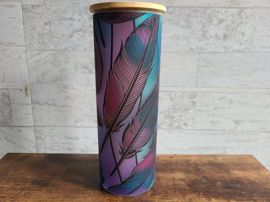Purple and Teal Feathers Stained Glass Frosted Glass Tumbler