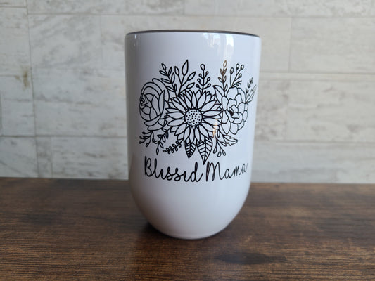 Blessed Mama Floral Wine Tumbler with Lid