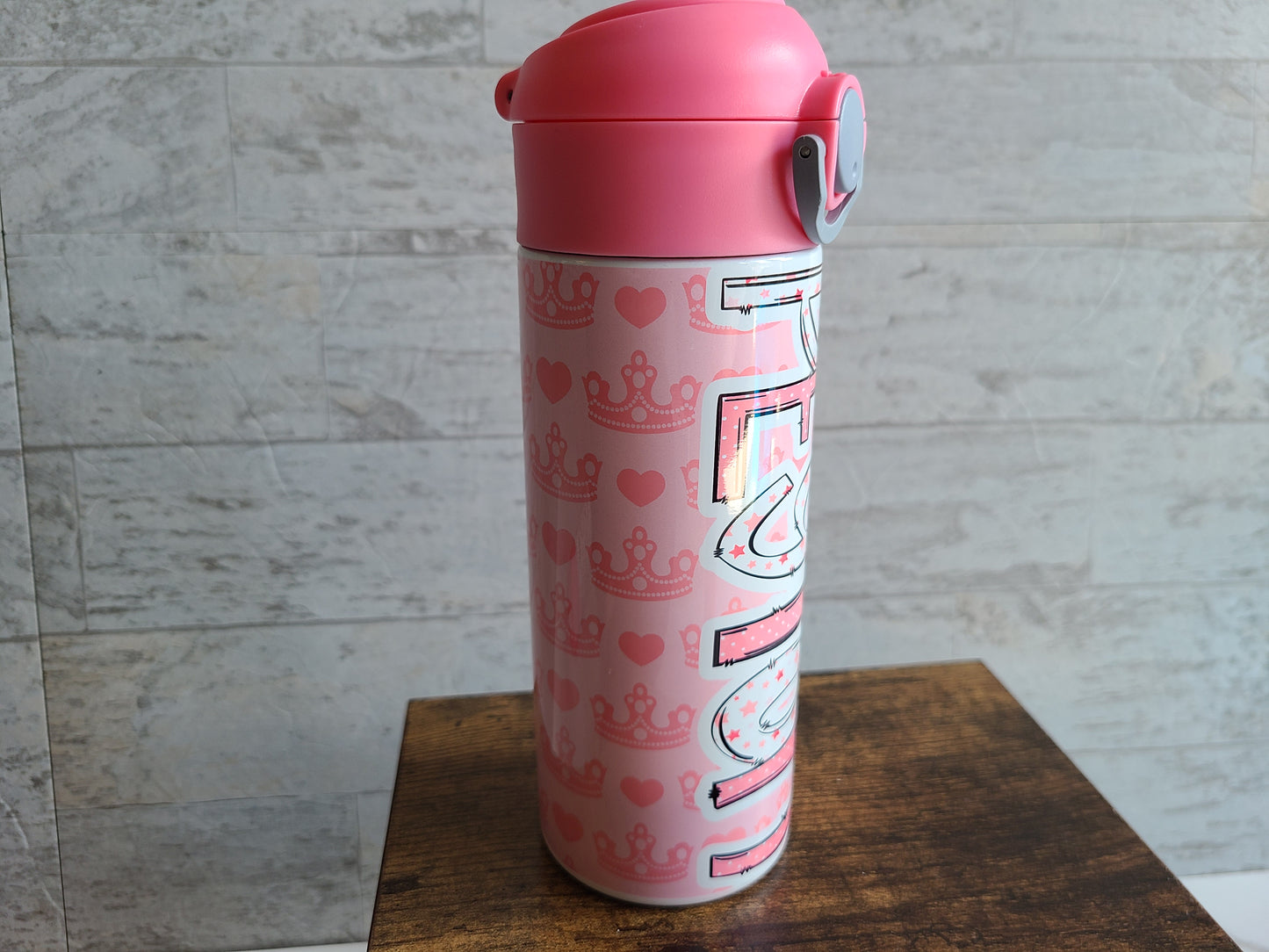 Personalized Pink Crowns and Hearts Water Bottle - 12 oz Flip Top Water Bottle with Straw