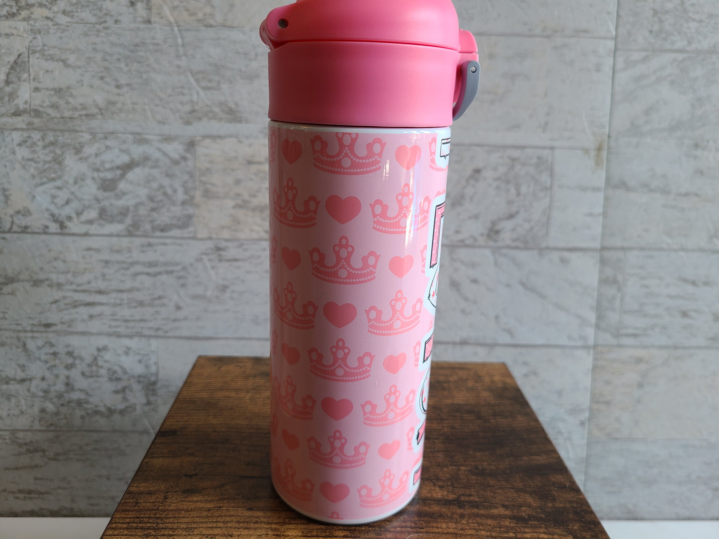 Personalized Pink Crowns and Hearts Water Bottle - 12 oz Flip Top Water Bottle with Straw