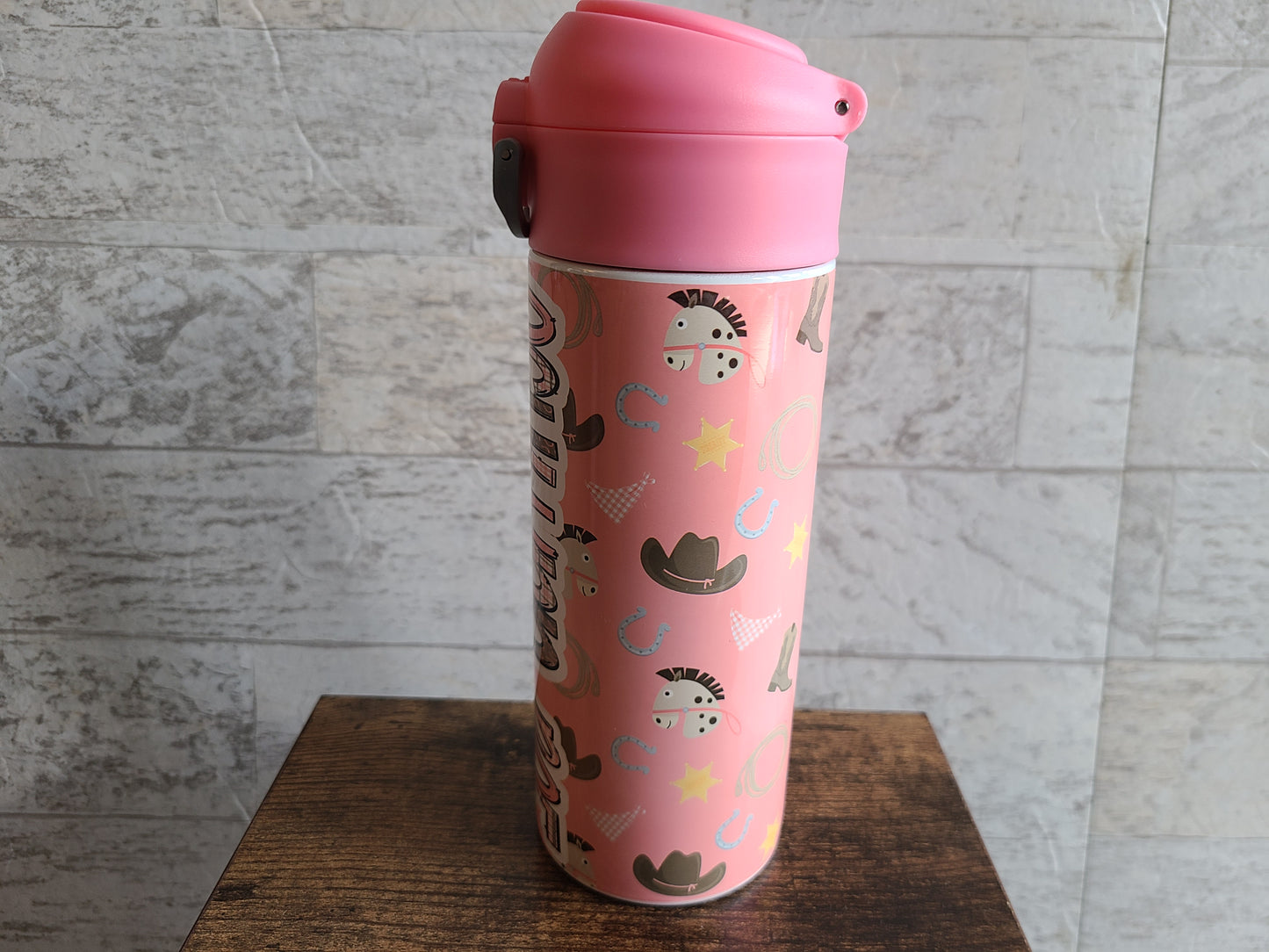 Personalized Pink Horses Water Bottle - 12 oz Flip Top Water Bottle with Straw