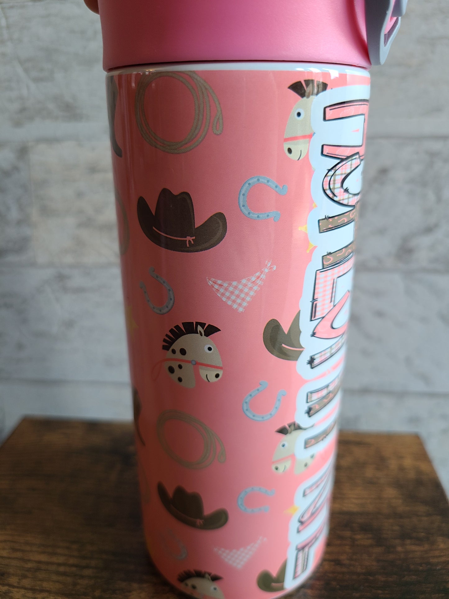 Personalized Pink Horses Water Bottle - 12 oz Flip Top Water Bottle with Straw