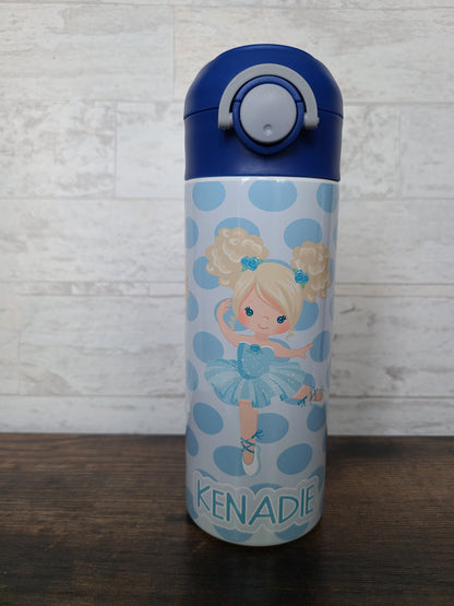 Personalized Blue Ballerina Water Bottle - 12 oz Flip Top Water Bottle with Straw