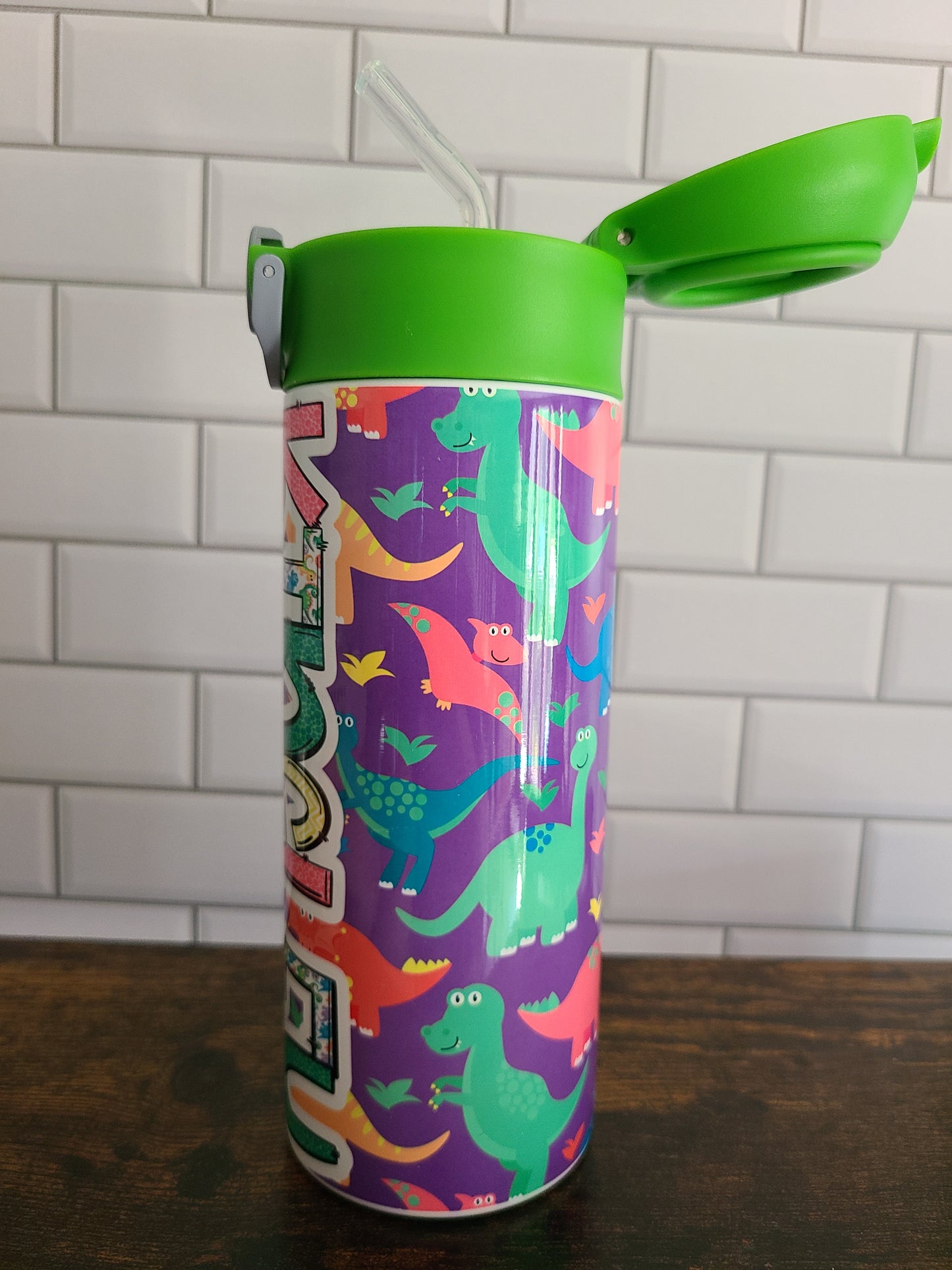 Purple Dinosaur Flip Top Water Bottle - Personalized