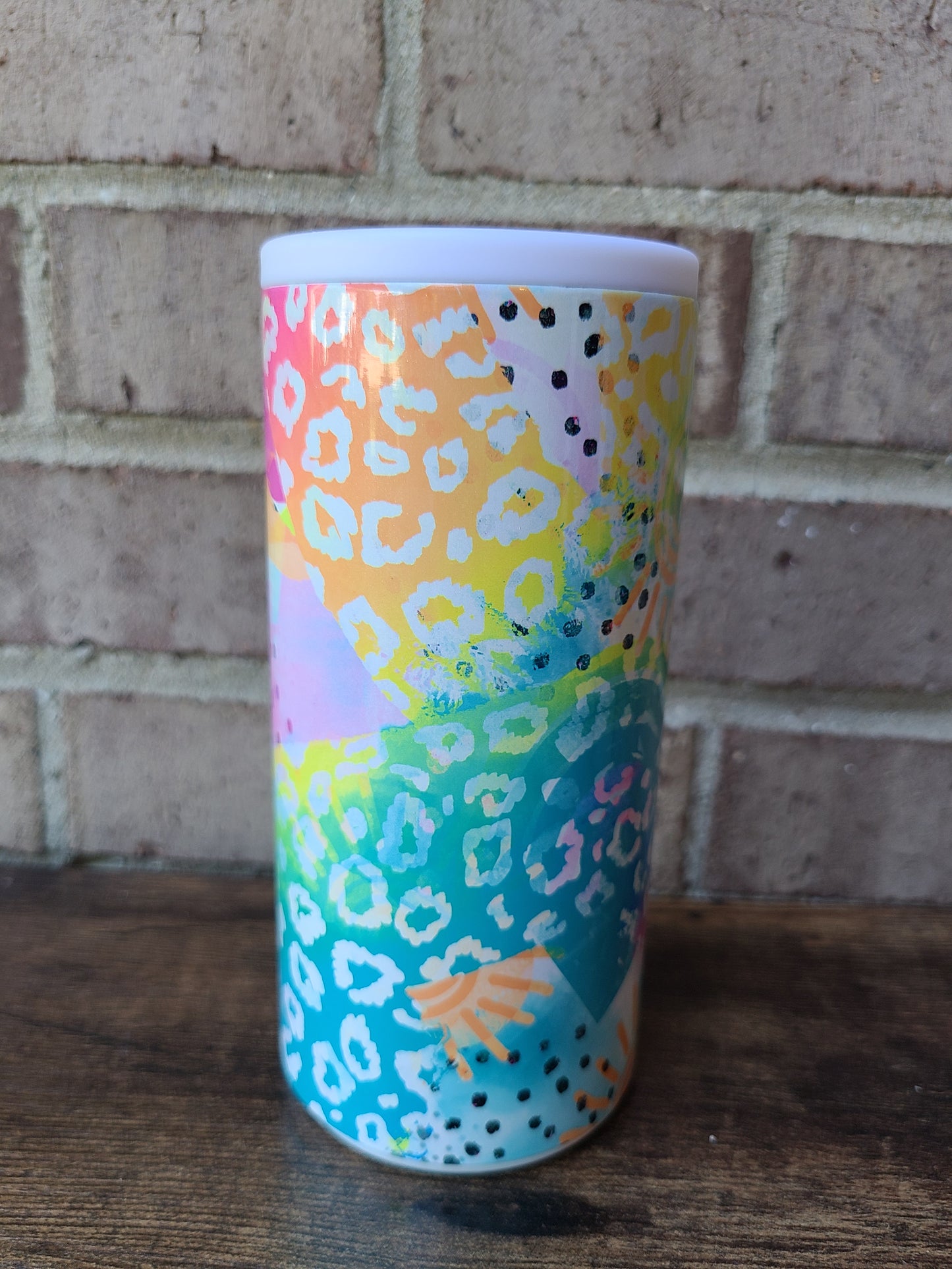 Neon Leopard Print and Rainbows Skinny Can Cooler