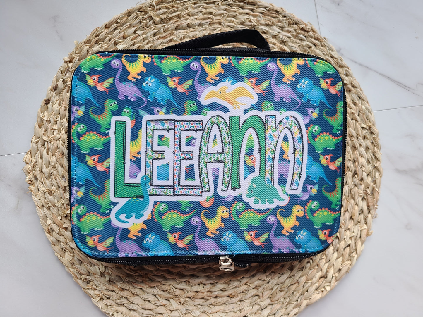 green dinosaur lunch bag personalized with child's name