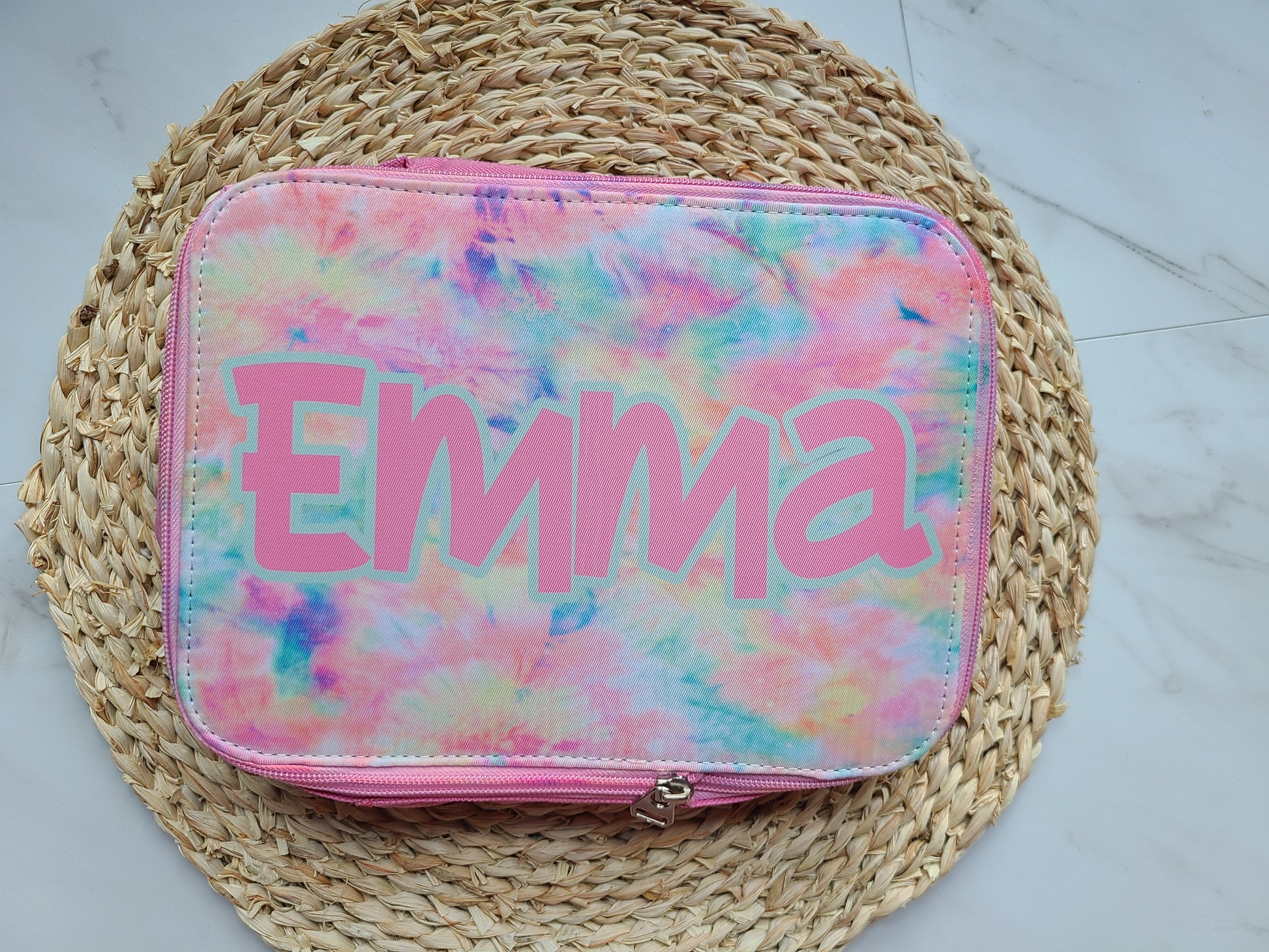 pink tie dye lunch bag personalized with your child's name